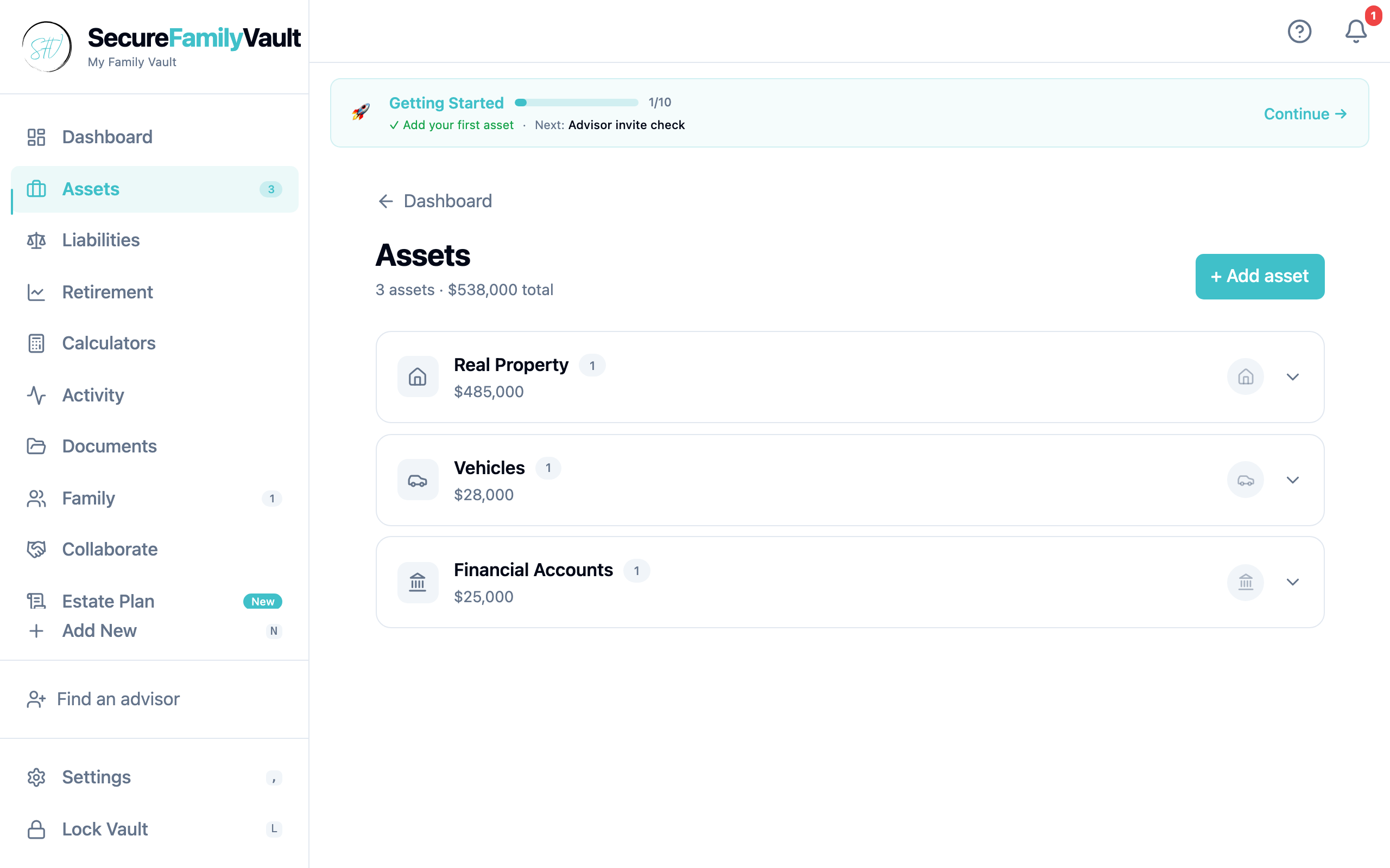 Asset list showing real property, vehicles, financial accounts, and other categorized assets