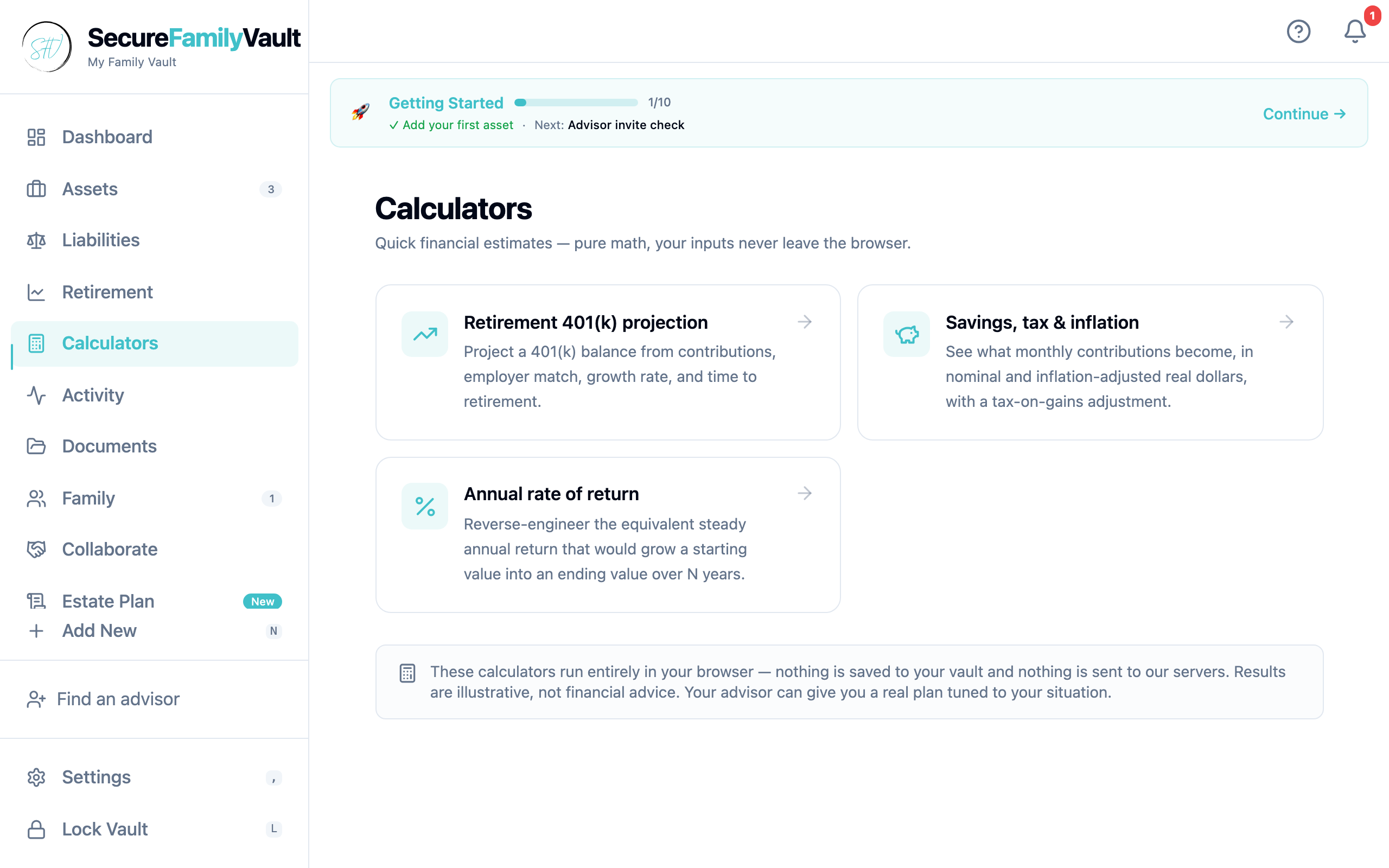 Calculators index showing retirement, savings, and return tools