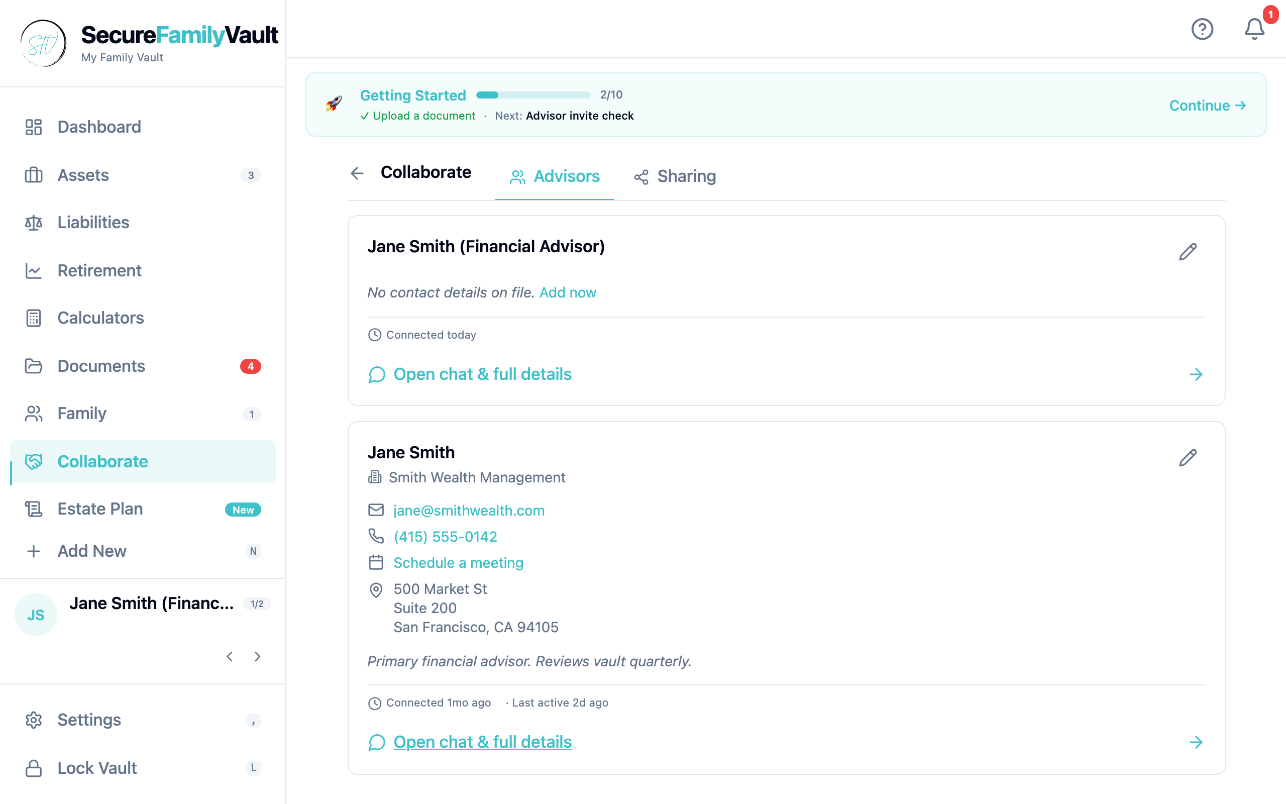 Chat thread between vault owner and advisor inside the app