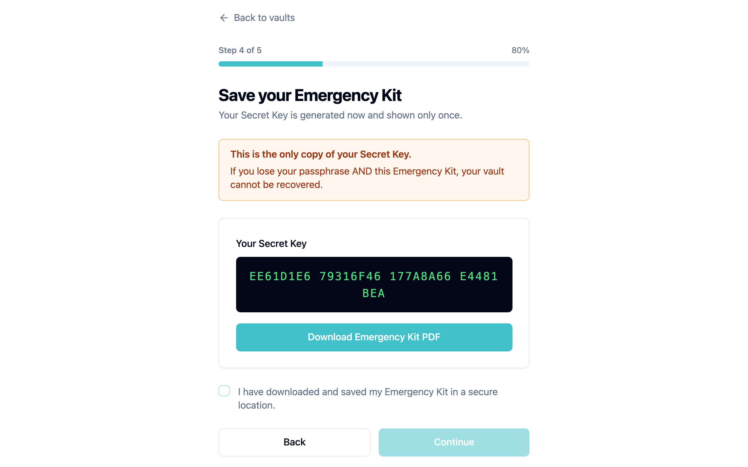 Emergency kit PDF showing vault details and Secret Key for heirs