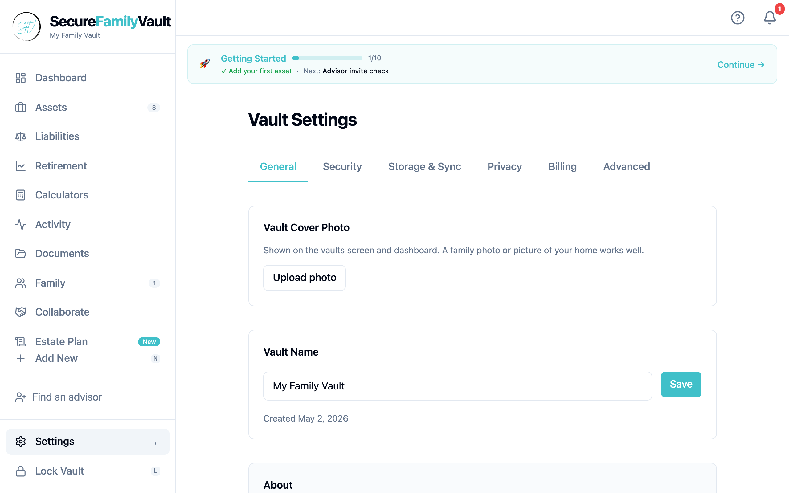 Settings screen in a demo vault where upgrade and storage controls live